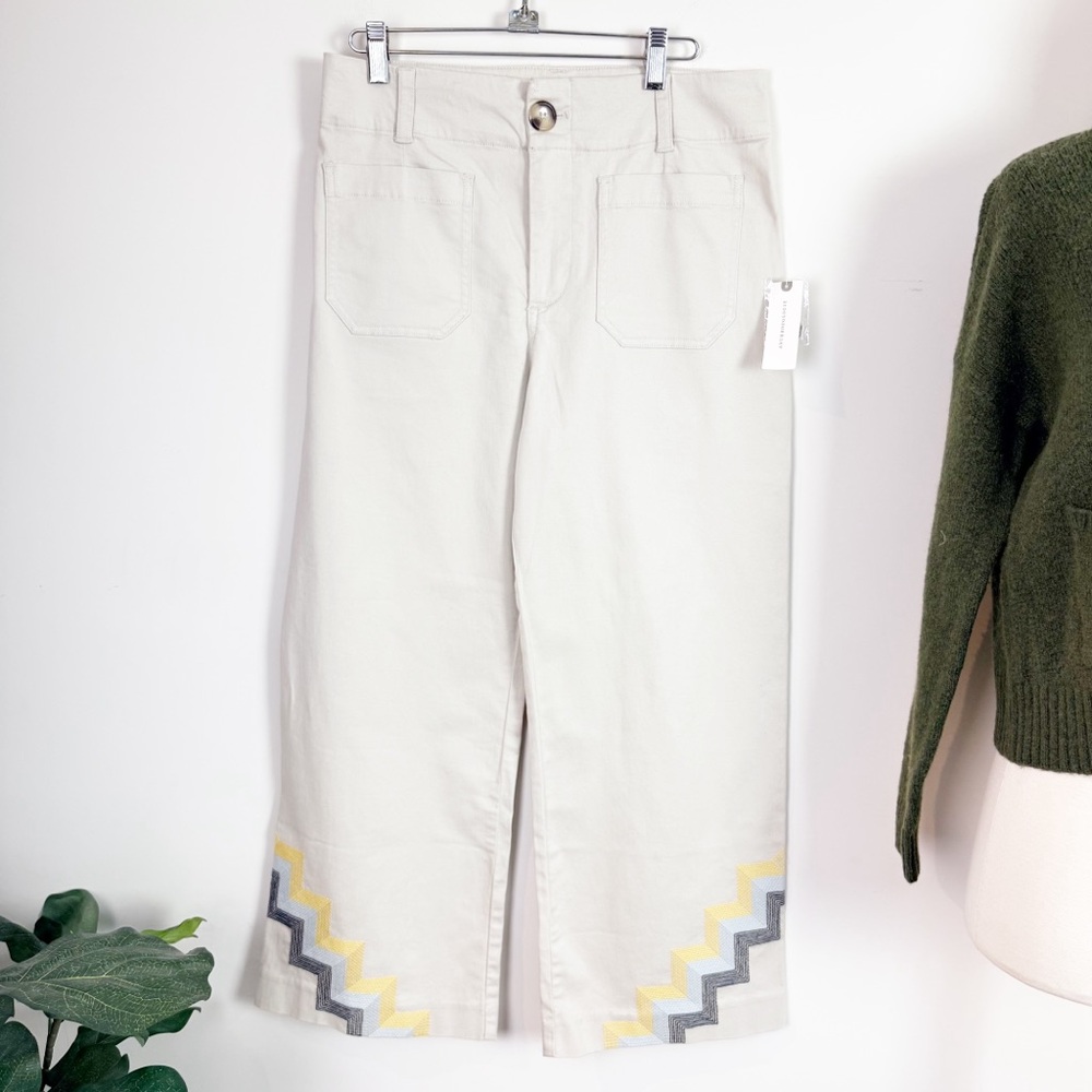 💋Anthropologie Zigzag Embroidered light grey Pants - Picture 4 of 8